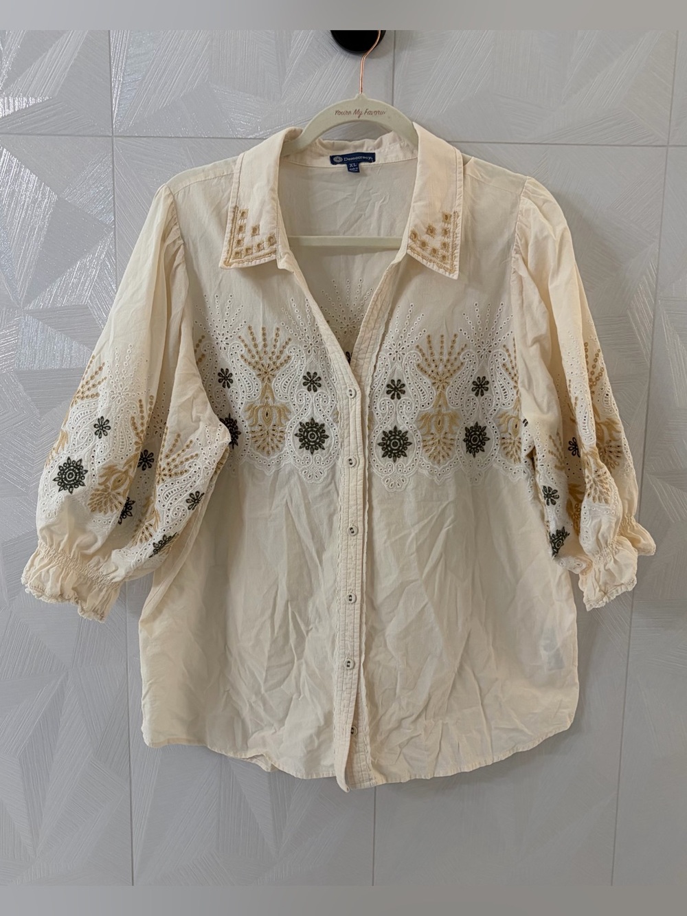 Democracy Cream Embroidered Blouse Shirt Women Button Up Boho 3/4 sleeve XL